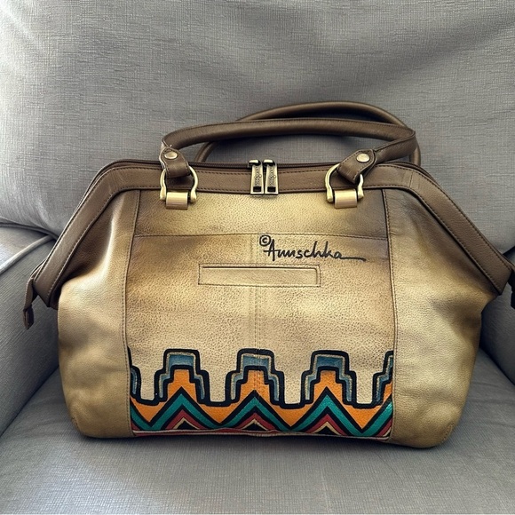 Anuschka Hand Painted Large Leather Tote Purse Gold Brown - Picture 5 of 10